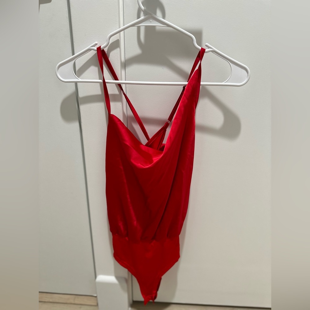 SHEIN red silky body suit